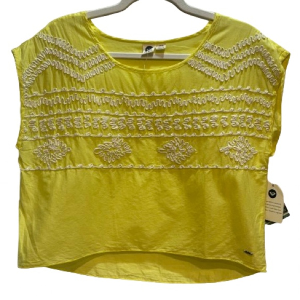 NWT Roxy Embroidered Scoop Neck Bright Yellow Top Size L